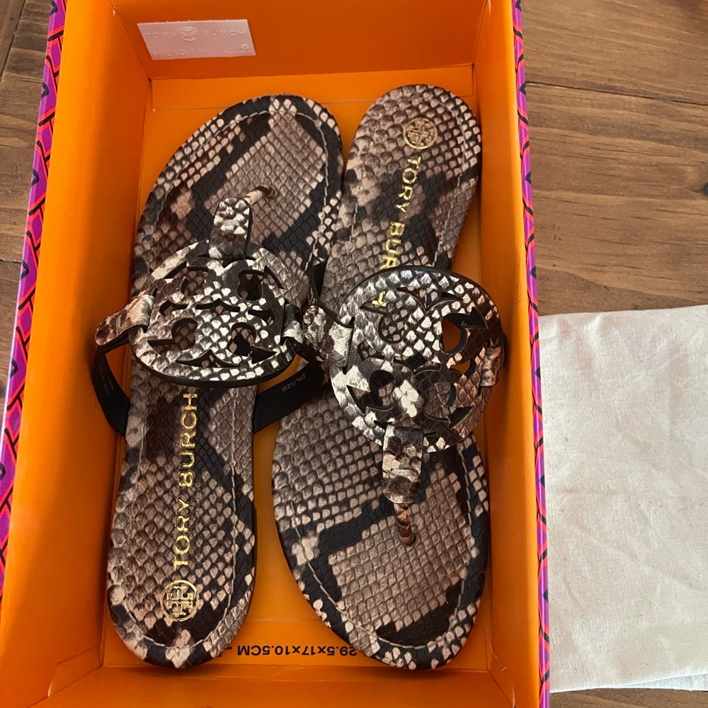Tory Burch Brown Snake-Print Miller Thong Sandals